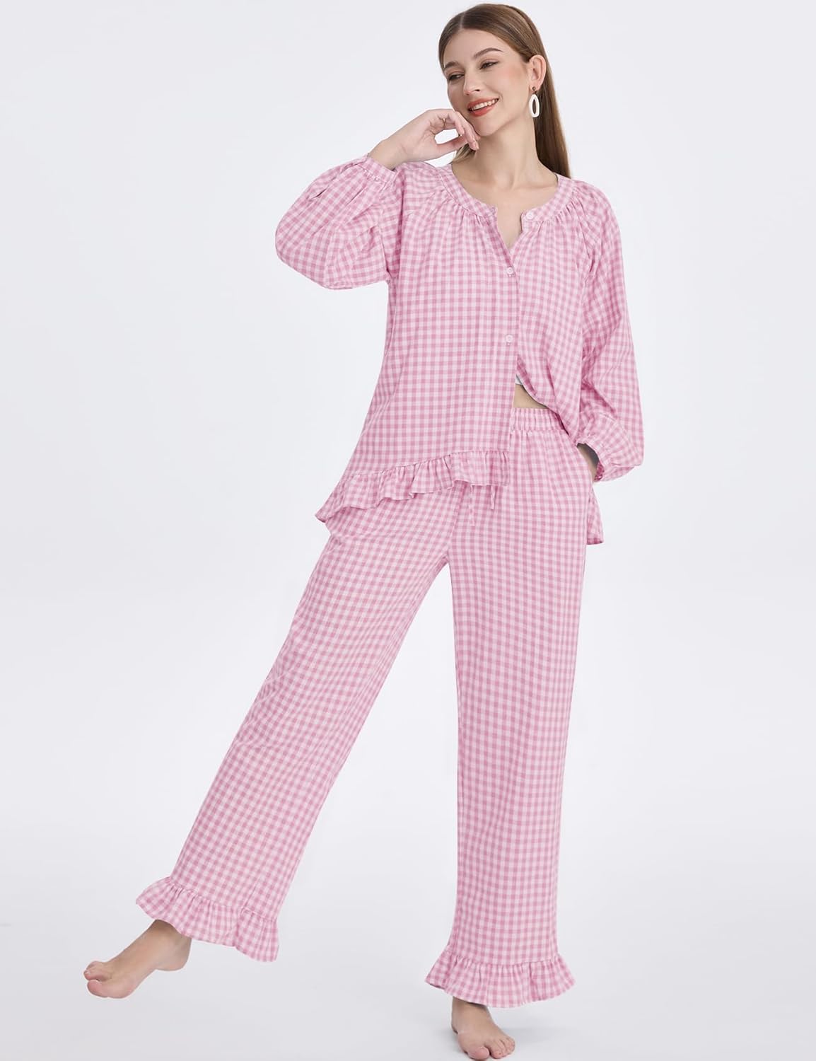 COZYPOIN Womens Plaid 2 Piece Pajamas Sets Cotton Gingham Puff Long Sleeve Cute Shirt Ruffle Pants Y2K Pjs Lounge Set - Image 2