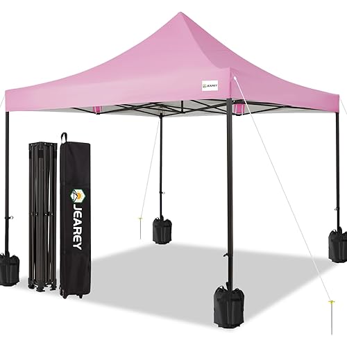 JEAREY Upgraded 10x10 Pop Up Canopy Tent, Heavy Duty Outdoor Canopy with Roller Bag,4 Sand Bags,Pink