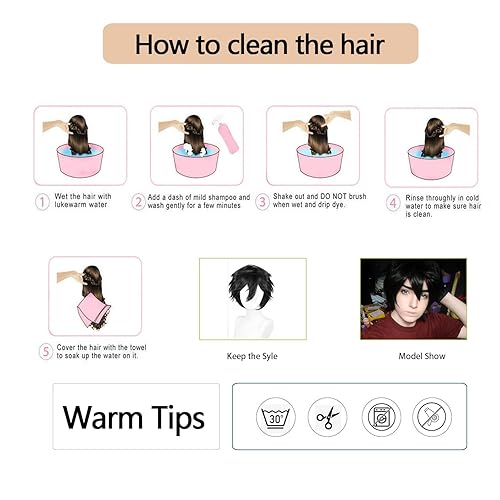 Miniatura 6 de Kavsni Unisex Mujeres Hombres Hombres Corto Negro Esponjoso Pelo Pelucas Anime Cosplay Fiesta Vestido Disfraz Peluca Sintética (negro)