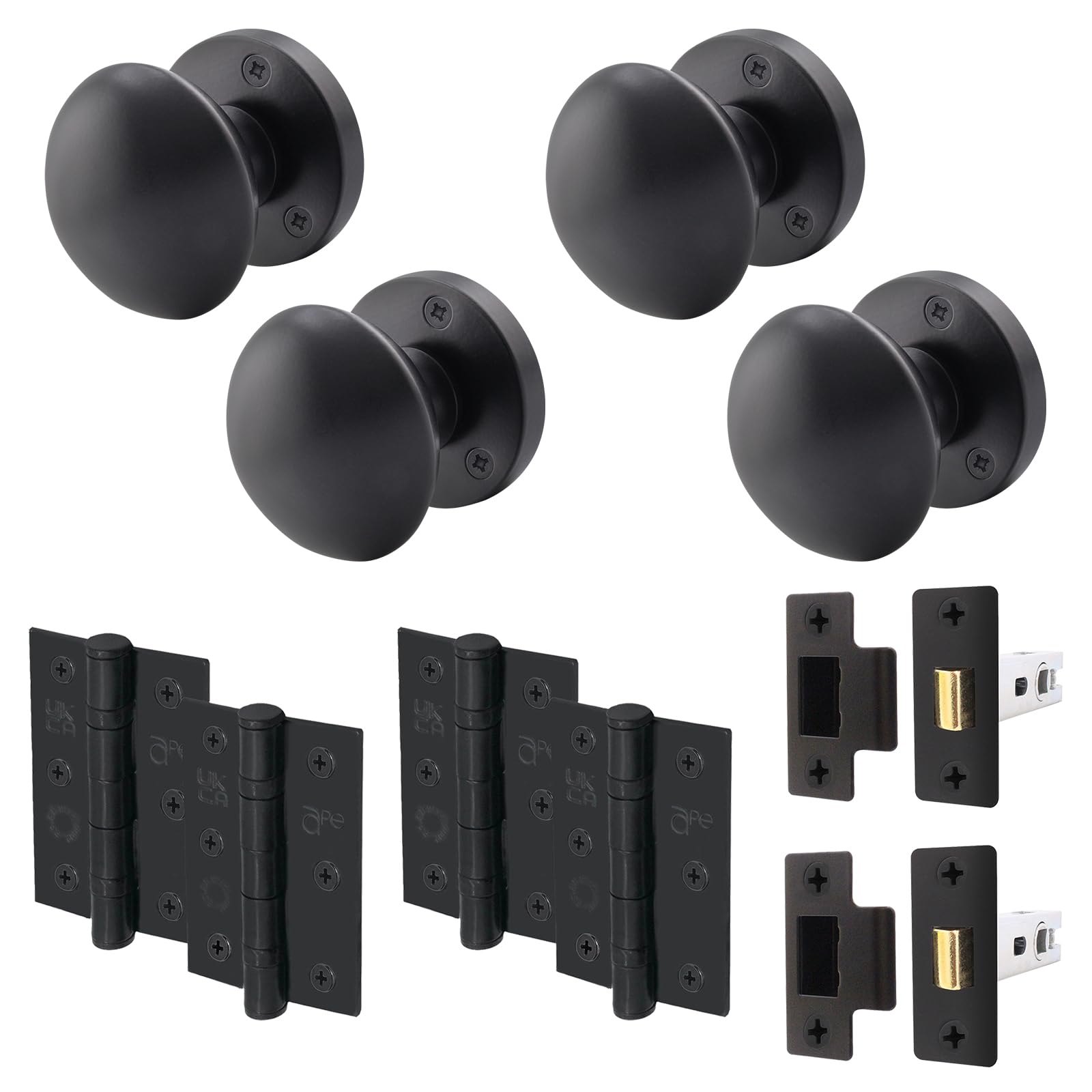 EAI Black Door Knob Set - 2 Pairs of Matt Black Victorian Mortice Knobs (55mm), Latch (76mm) & Hinges (76mm) for Internal Doors — image 1