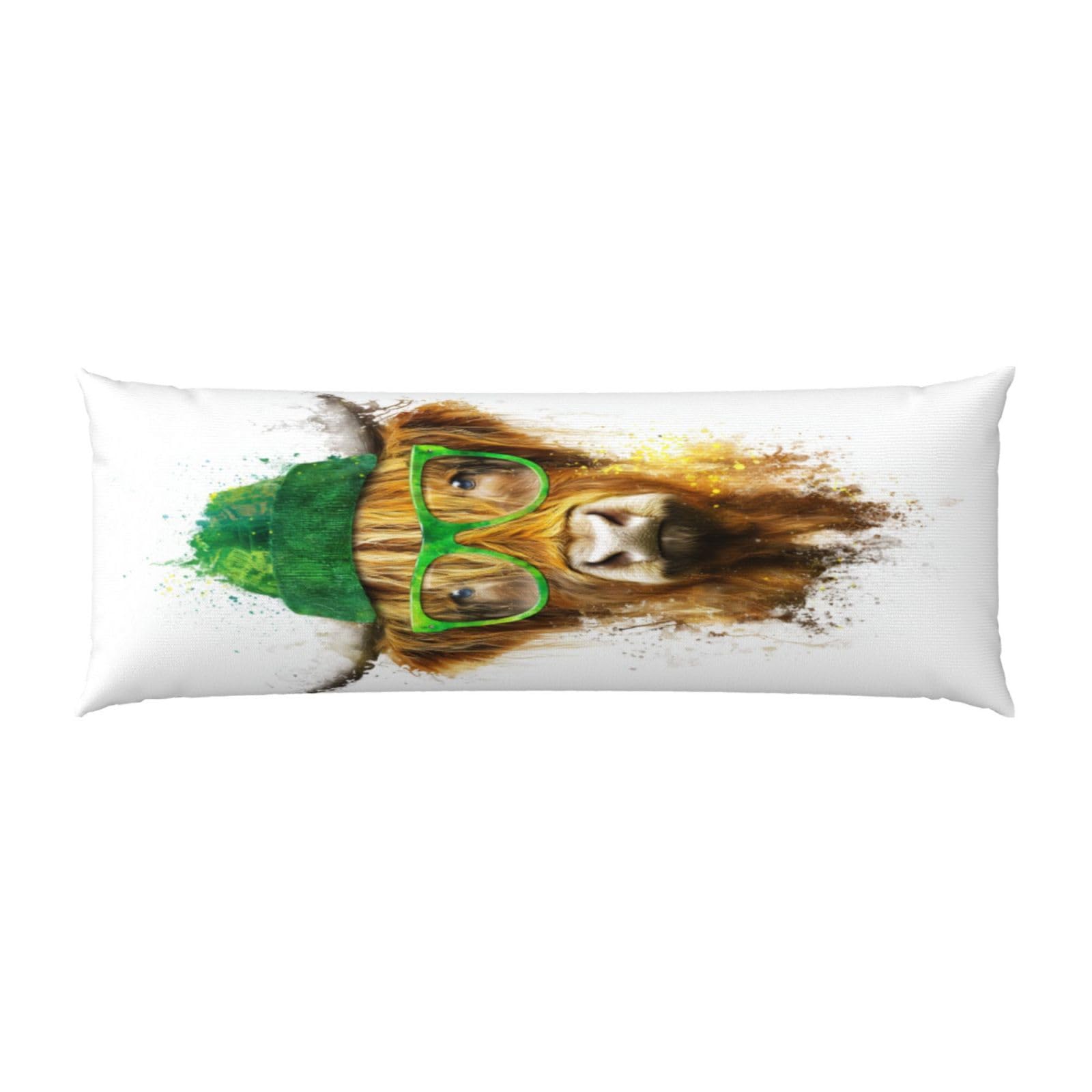 Highland Cow With A Solid Green Glasses Body Pillow Cover With Zipper Closure, Cozy Fuzzy Long Fleece Pillowcase Cover 20 X 54 Inches