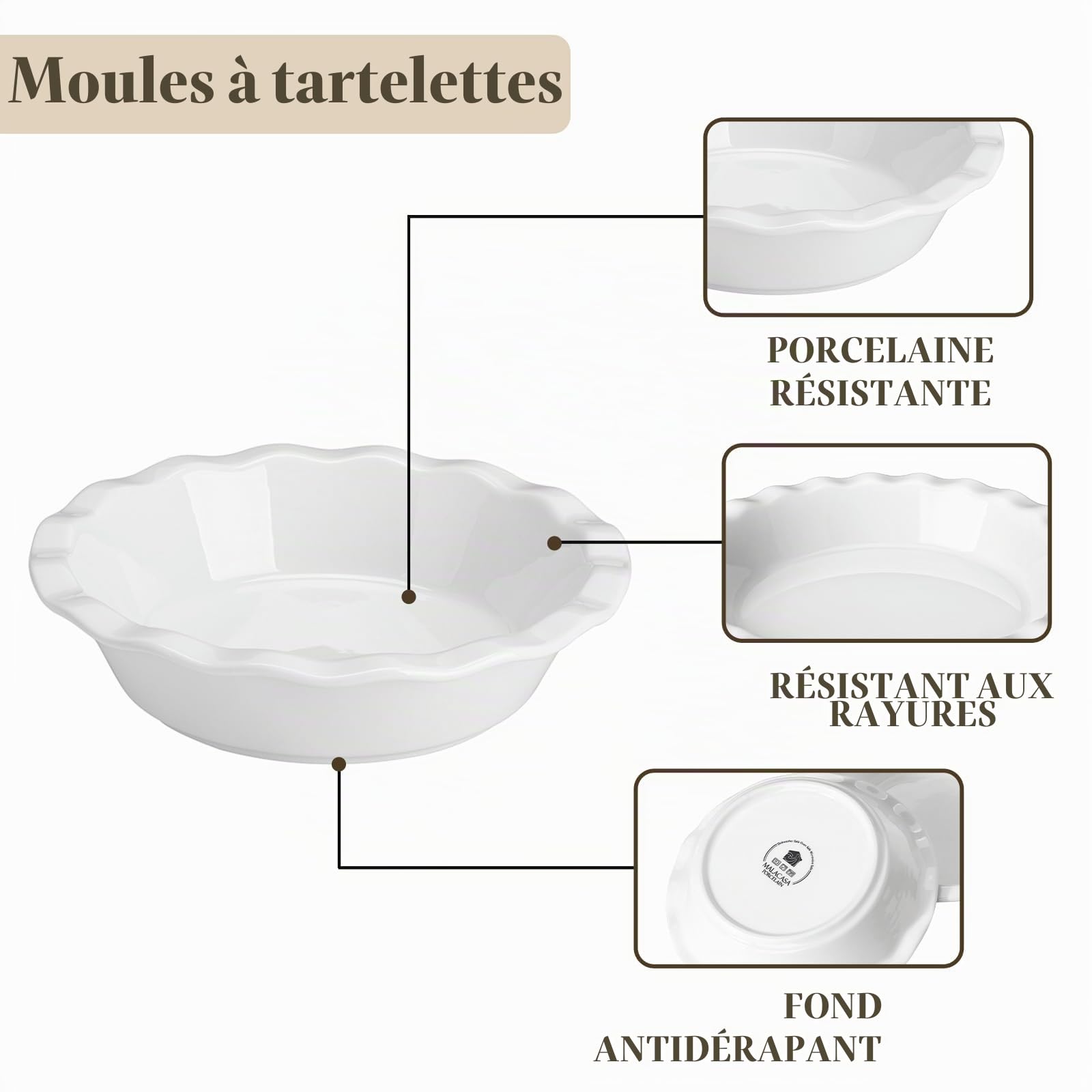 MALACASA 6 Pièces Moules à Tarte en Porcelaine de 360ml, Ramequins Dish 145mm, Moules à Pâtisserie Ronds pour Quiches, Gâteaux, Brownies, Lasagnes, Blanc