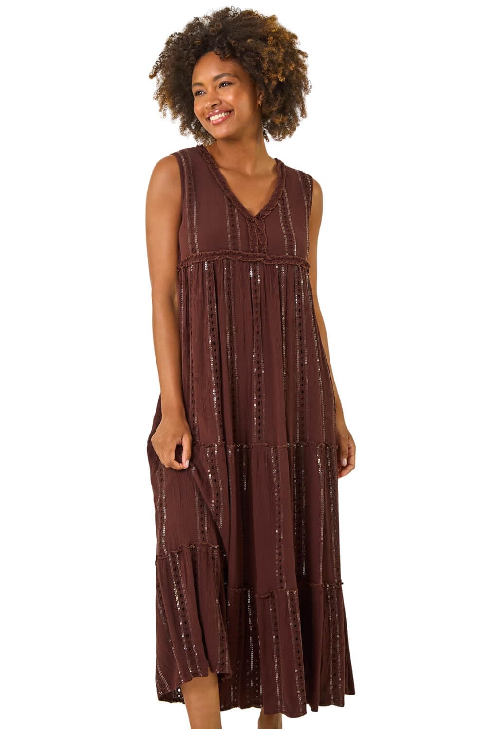 Roman Originals Women's Chocolate Sequin Tiered Maxi Dress For Uk - Everyday Holiday Spring Summer V-Neckline Comfy Soft Evening Vacation Work Party - Size 14