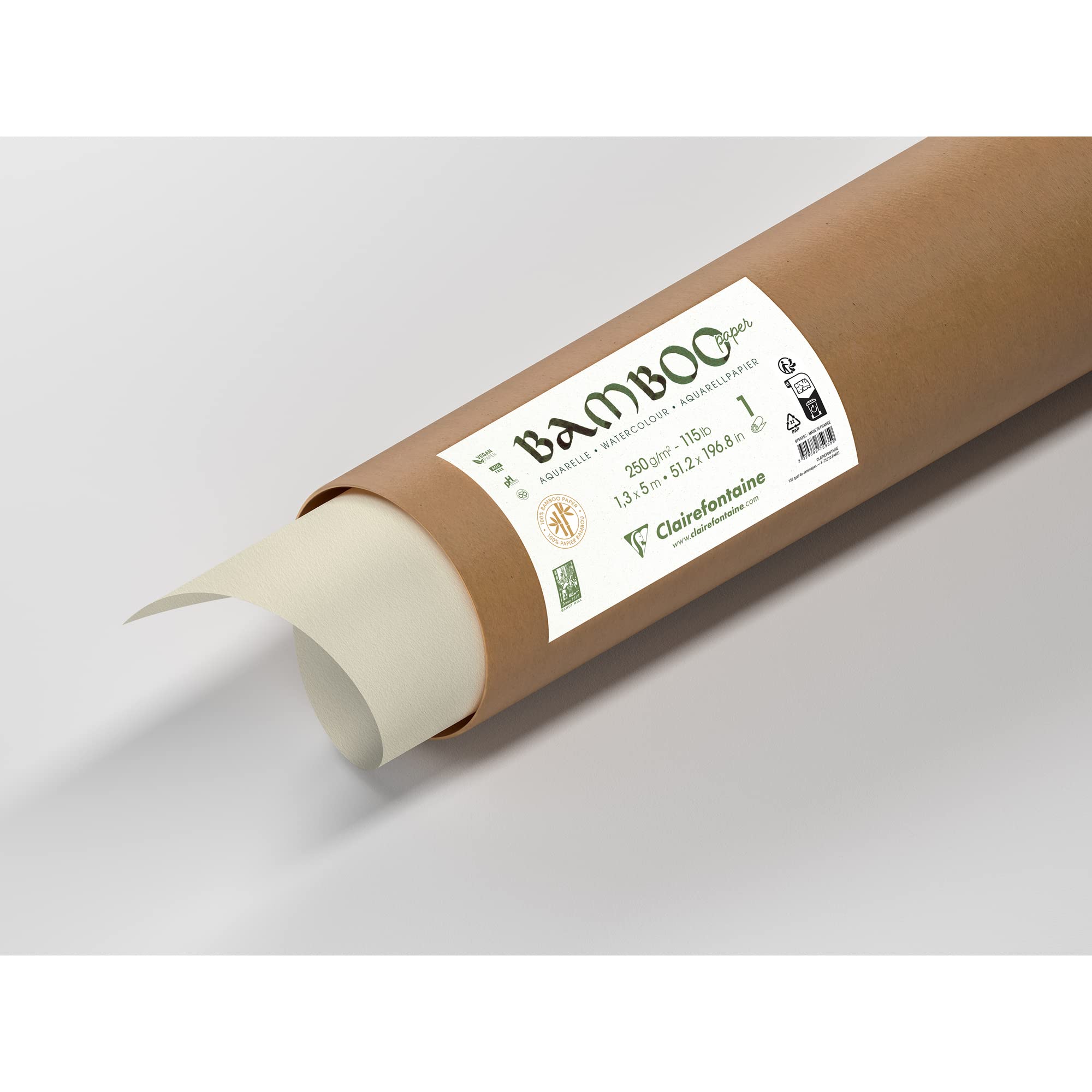 Clairefontaine 975935C - Rouleau Bamboo - Papier 100% Bambou Aquarelle Blanc Naturel 100% végan - Grain Finement Marqué Qualité Professionnelle 1,30x5m 250g