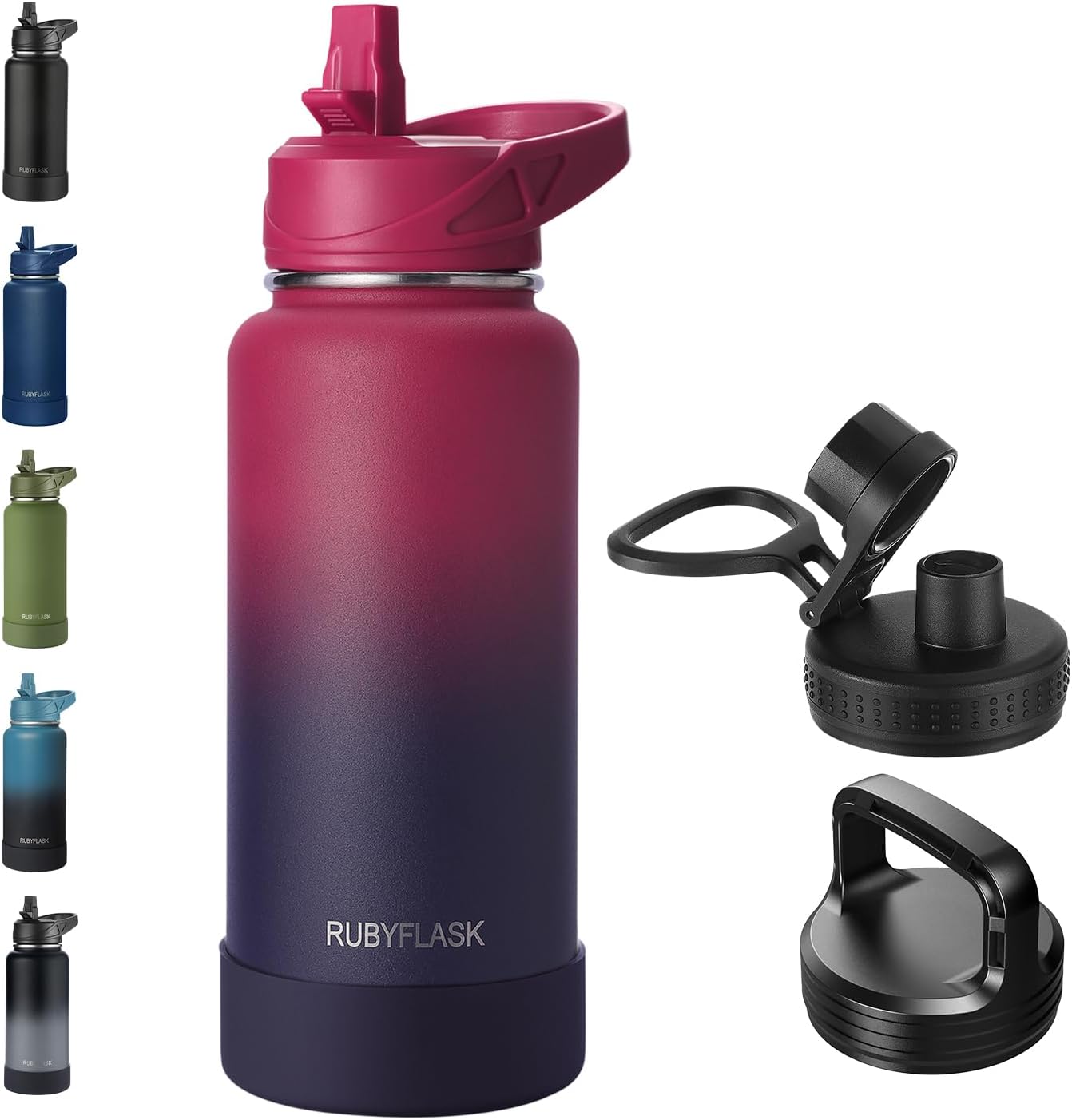 RUBYFLASK 32oz Insulated Water Bottle with Straw, Stainless Steel Metal Vacuum Water Flask, Large Thermal Water bottle with Leakproof 3 Lids for Travel, Camping, Gym Sports Dark Rainbow