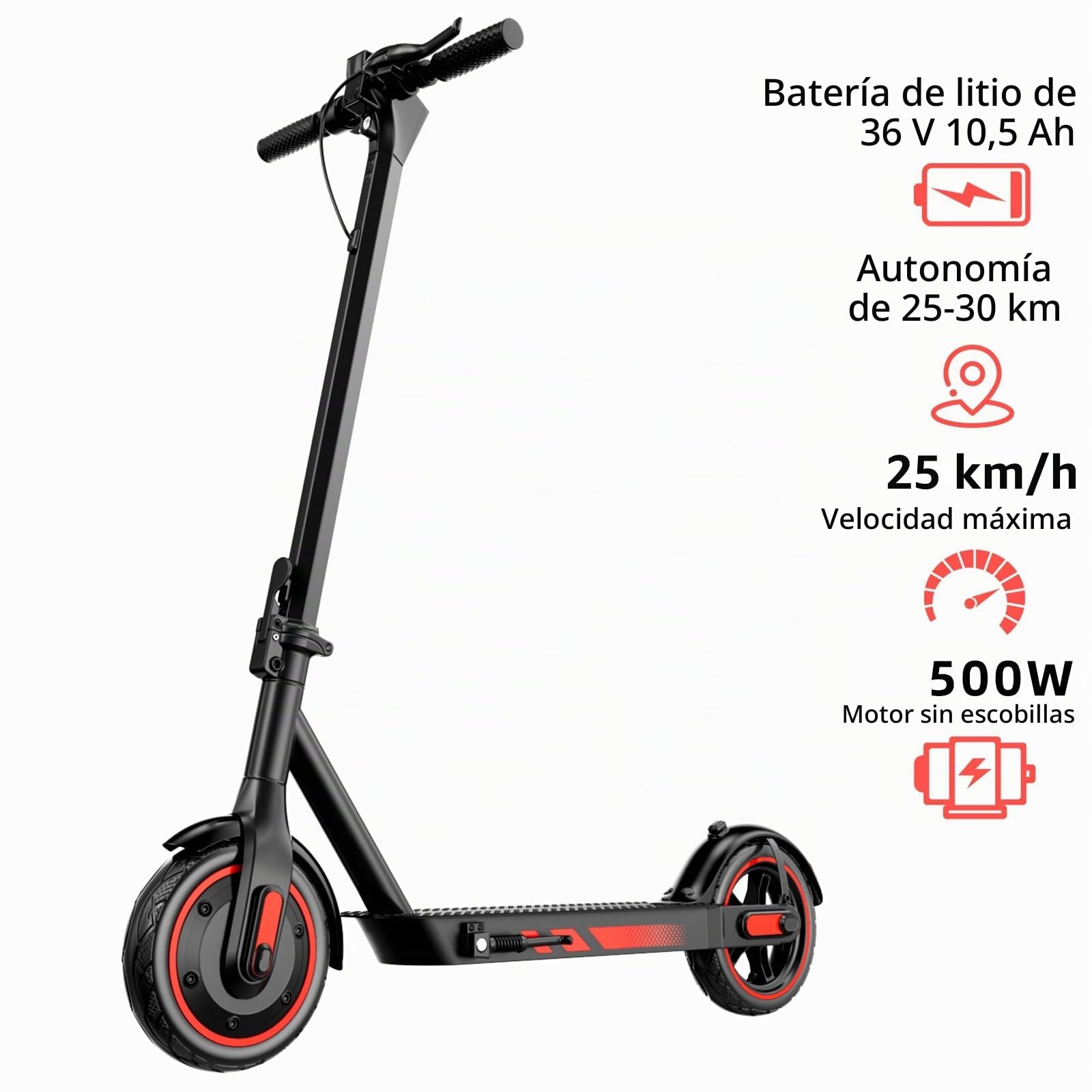 EGGKING Patinete Electrico Adultos, Potencia Nominal 500W, Autonomía 35 Km, App Control, 25Km/h, 10.5Ah Batería, 10" Neumático, Luces LED Delanteras/Traseras, 3 Modos De Elocidad