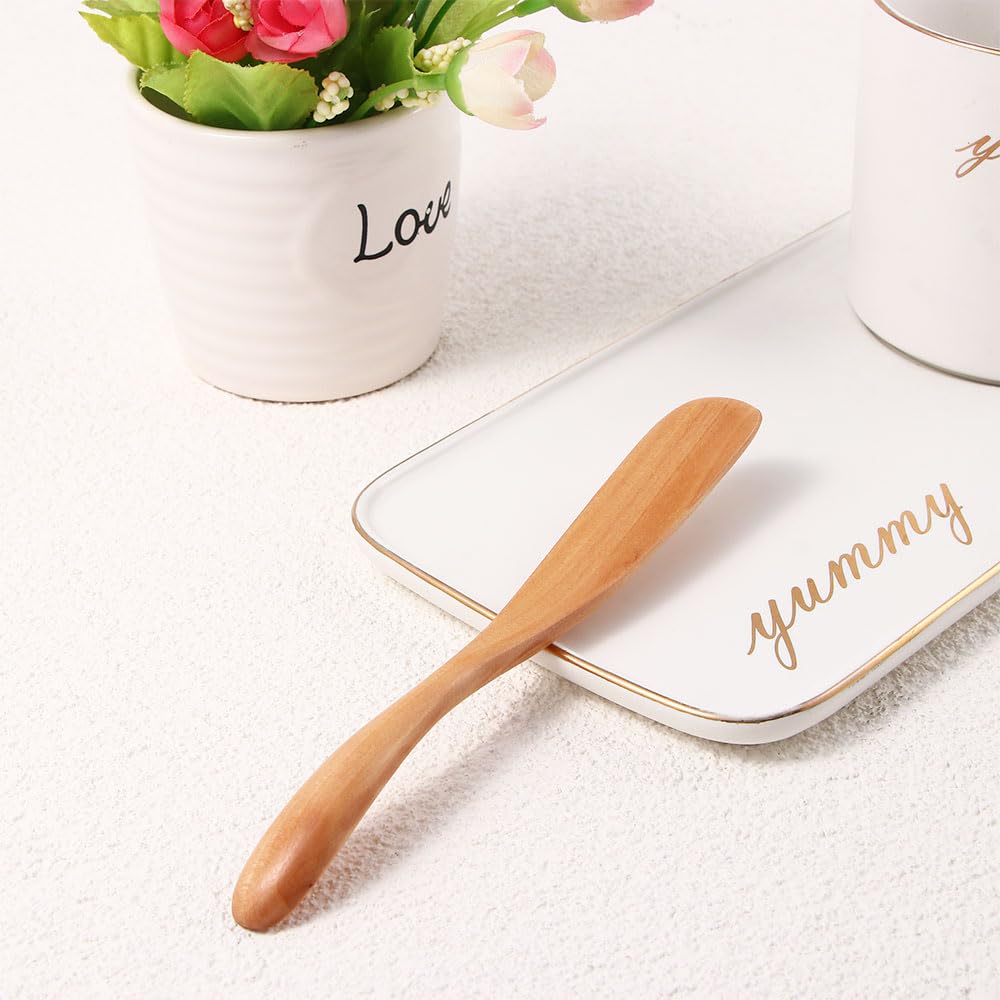 Pokinge 4Pcs Wooden Butter Spatula Knife Wood Spreader Jam Knife Creative Thick Handle Spatula Bread Slicer Knife Kitchen Accessories For Home