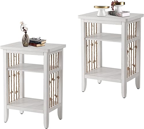 HOMPUS Juego de 2 mesas auxiliares con estantes, juegos de 2 mesitas de noche, estante de 2 niveles, mesa auxiliar pequeña de madera, mesa