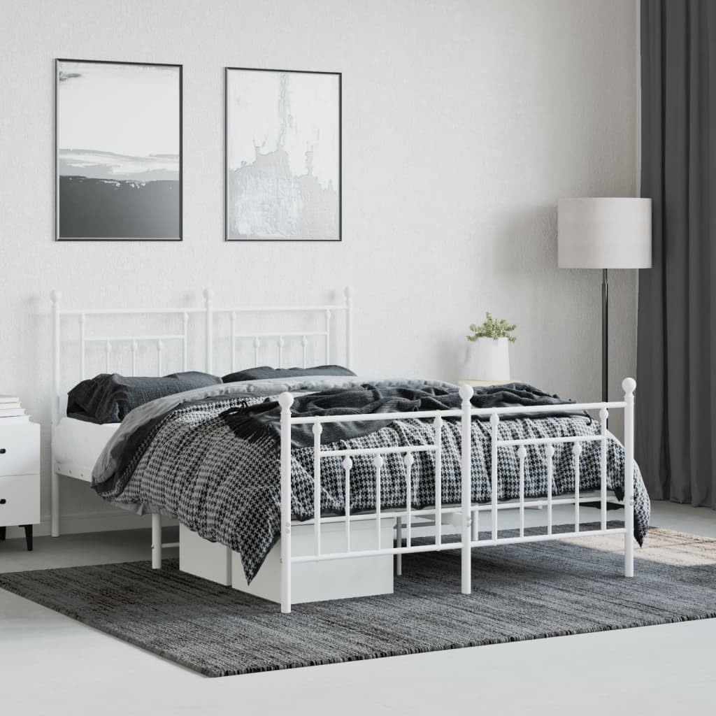 Cadre de lit en métal blanc de 140 x 190 cm avec tête de lit robuste et pied de lit pour plus de stabilité et d'espace de rangement