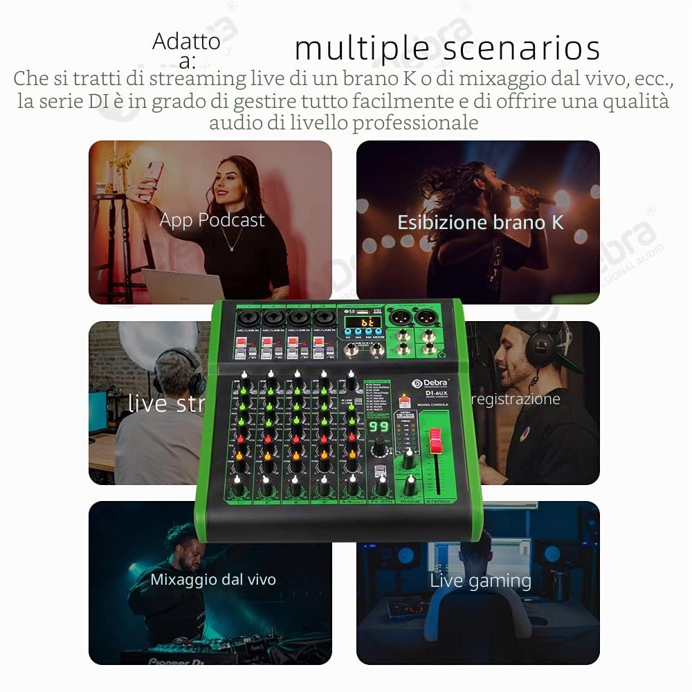 D Debra Mixer audio professionale con 99 effetti digitali DSP, 6 canali, ingresso USB/MP3, 48 V, alimentazione phantom, per console per DJ, casa, karaoke e studio di registrazione (DI-6UX)