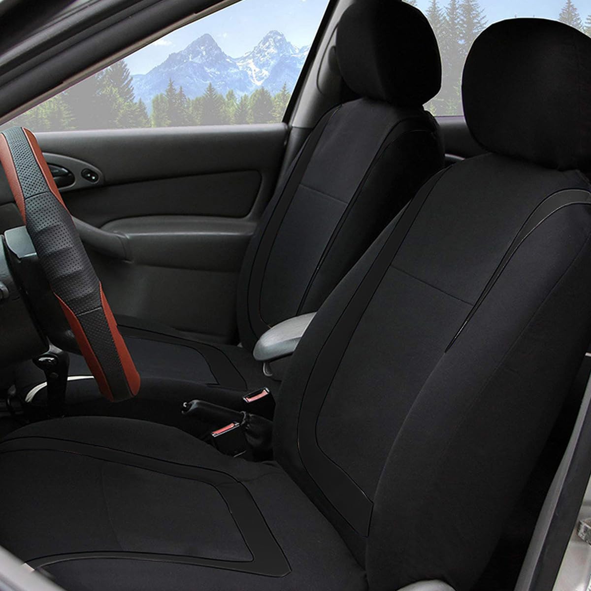 BELOMI Car Seat Covers Full Set, Breathable Premium Cloth Automotive Seat Cover, Universal Front and Rear Seat Covers, Easy to Install Car Accessories for Most Cars Trucks SUV (Black)