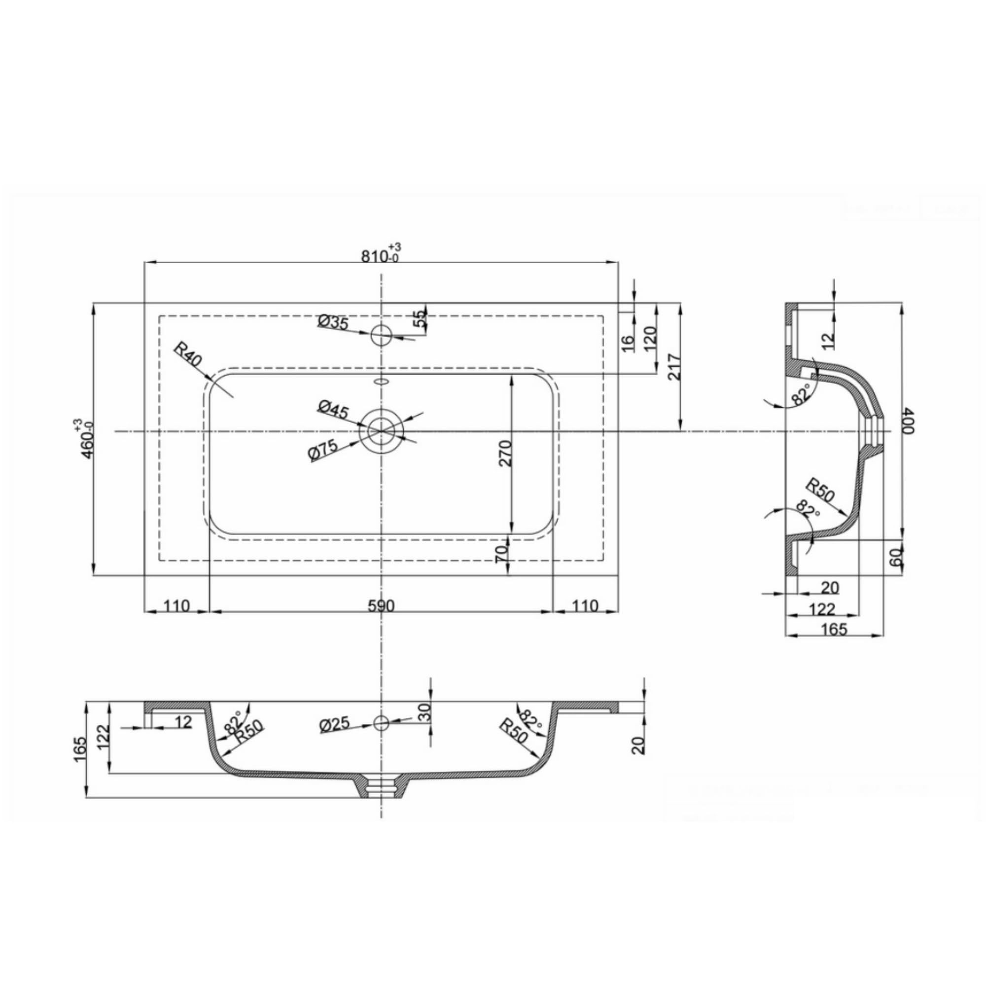 Lavabo ad Incasso Mineral Marmo Colore Grigio Cenere per Mobile Composizione Bagno Rettangolare 81x46 cm