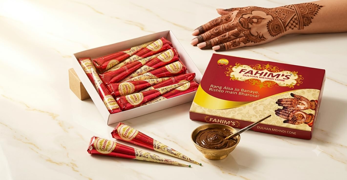 Fahim's Dulhan Mehndi Cone, Pack of 12, Deep Bridal Red Stain | 100% Natural, No Chemicals, High-Precision Cones, Rich Dark Colour, Smooth Flow-image-14