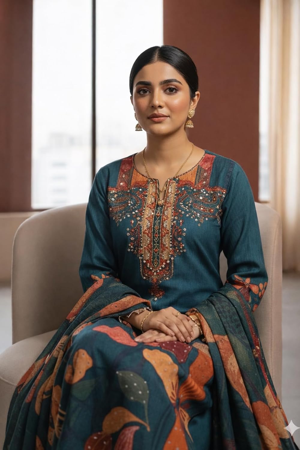 Women's Traditional Indian Flower Printed Poly Crep with Cotton Linning kurta With Pant & Dupatta Set