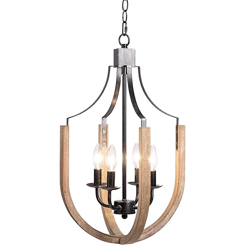 Farmhouse Chandelier Ceiling Light Fixture: Rustic Vintage Pendant Lighting - 4 Lights Antique Wood Hanging Orb Lamp - for Dining Room Kitchen Living Room Foyer Bedroom - UL Certified