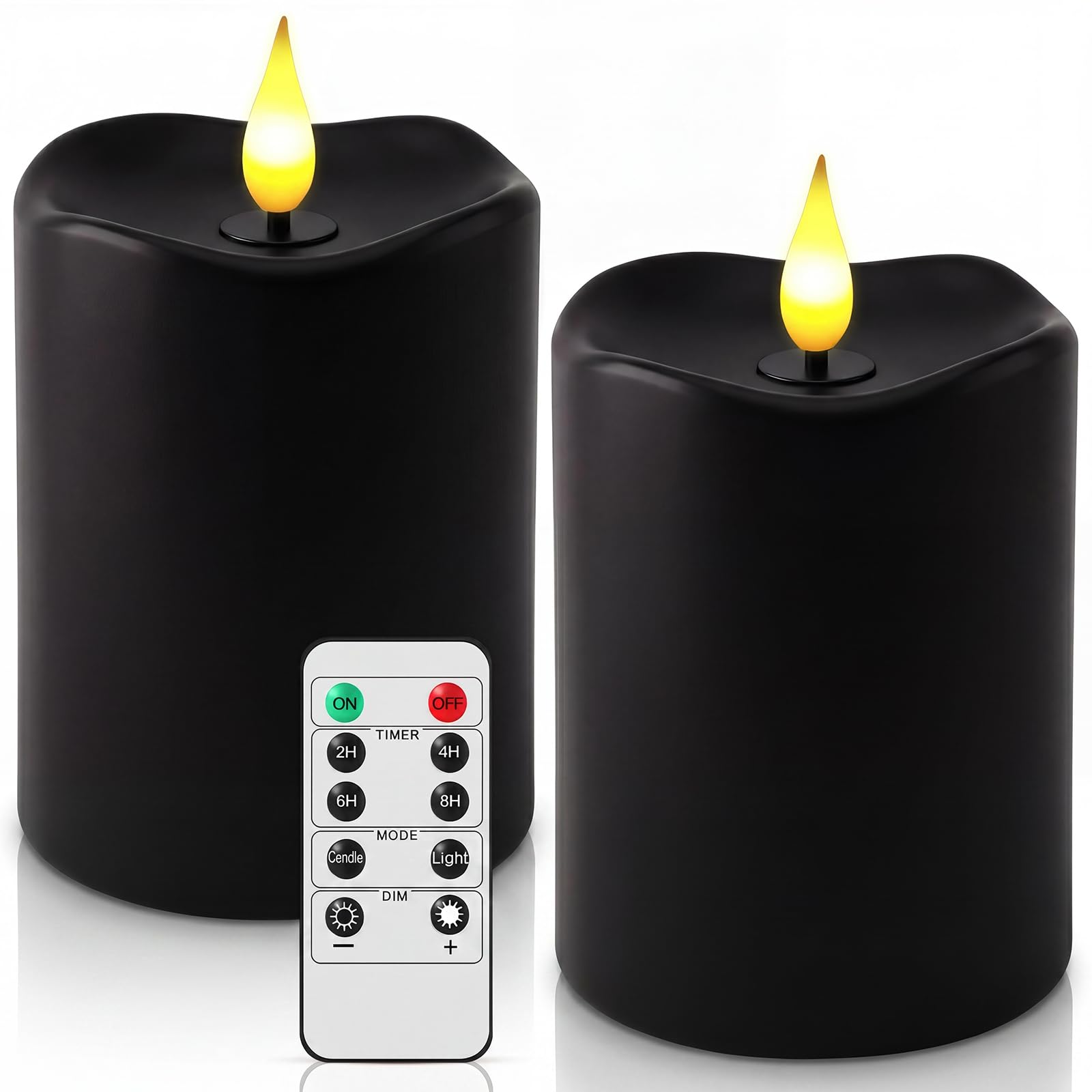 Retisee 3 candele LED da 10,2 cm con timer e telecomando tremolanti, in vera cera, funzionamento a batteria, per decorare la casa (nero, 2 pezzi)