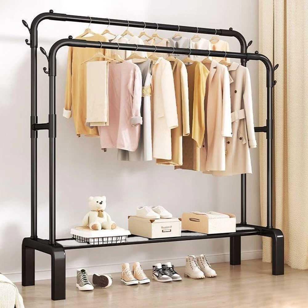 Blendra Black Clothes Rai Heavy Duty, Double Clothes Rai With Bottom Storage Shelf And Coat Hook,Easy Assembly For Bedroom