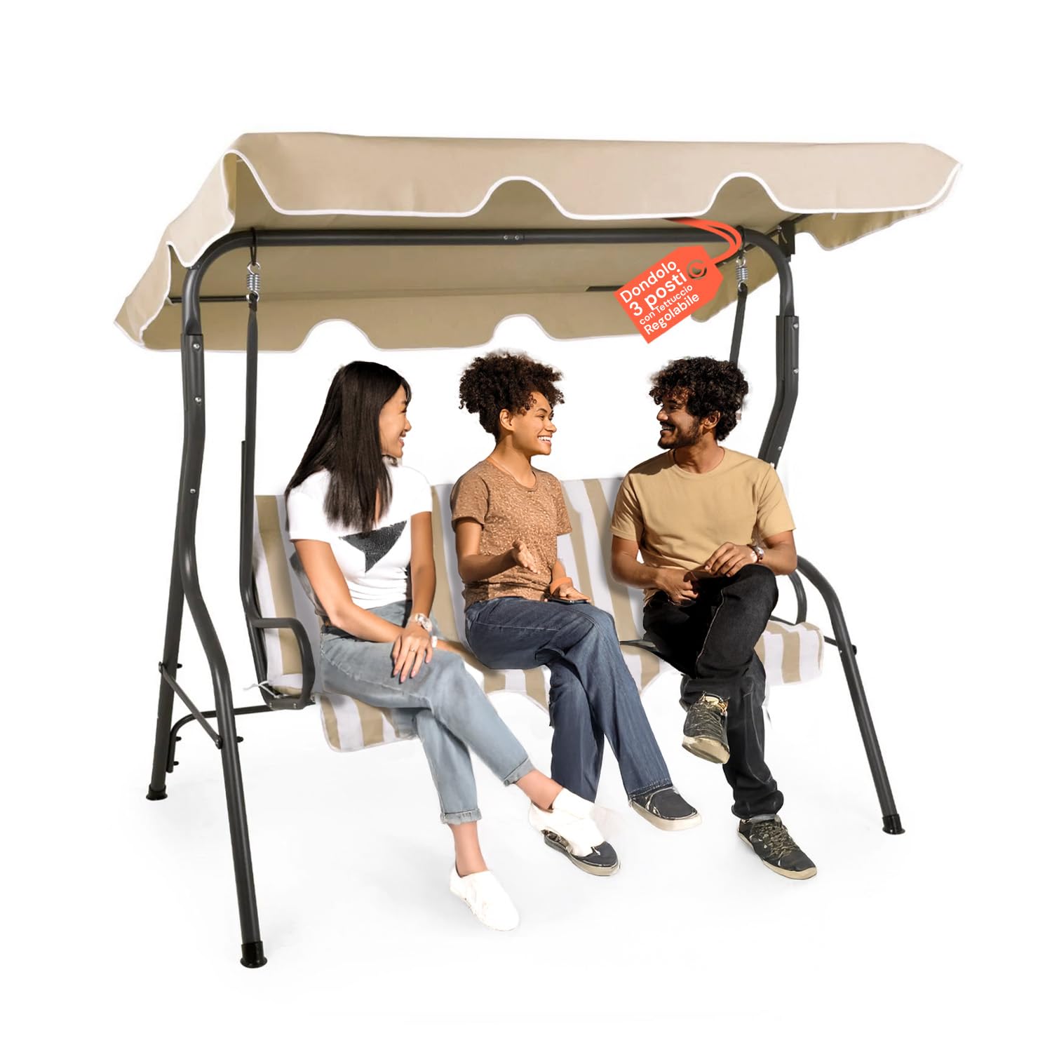 Avilia Dondolo da Giardino 3 Posti con Tettuccio – Dondolo da Esterno in Acciaio Antracite con Seduta Beige, Struttura Robusta e Parasole Regolabile per Patio, Terrazzo, Veranda