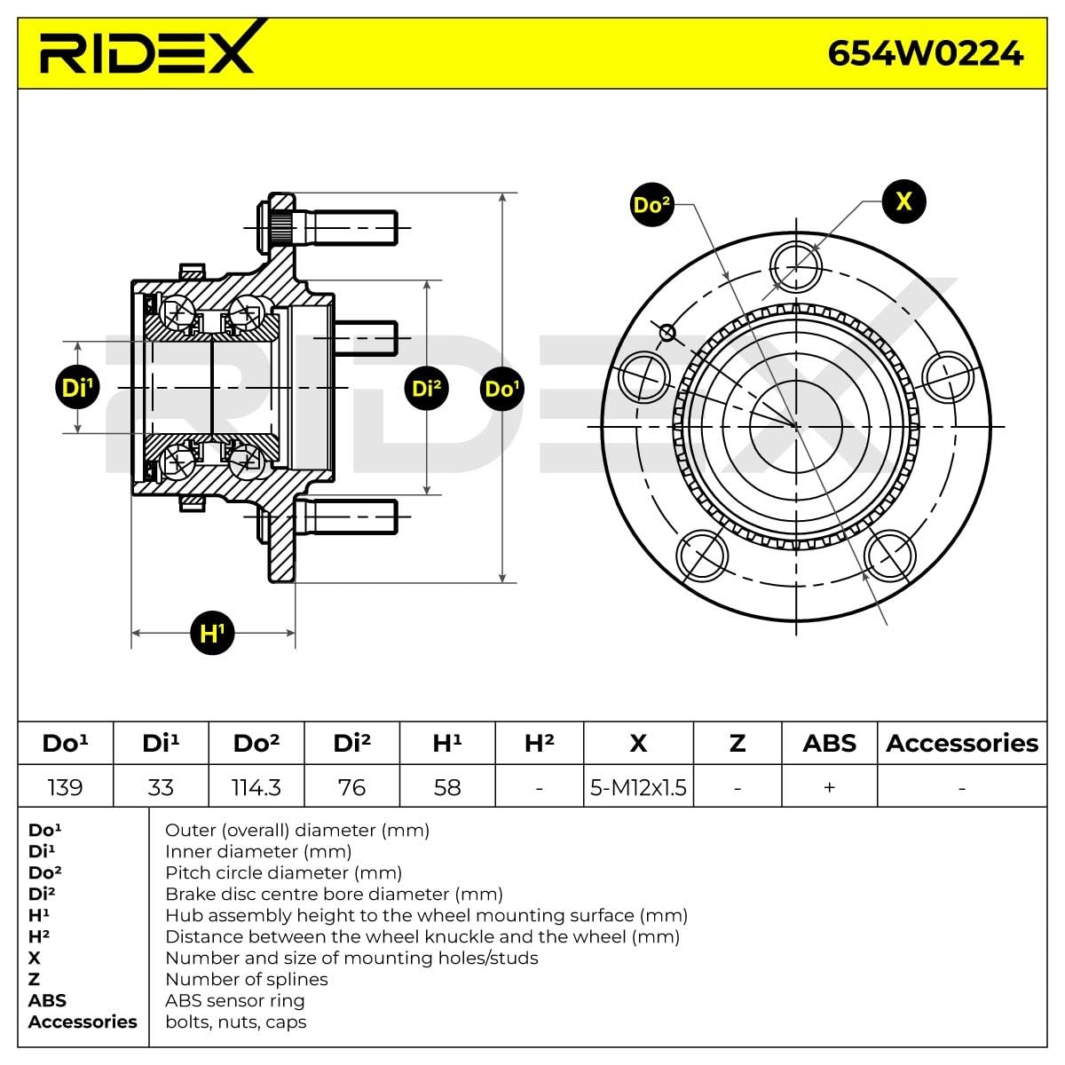 RIDEX 654W0224 Juego de cojinete de rueda Delantero, ambos lados Rodamiento integrado en buje de rueda Compatible con KIA SPORTAGE SL