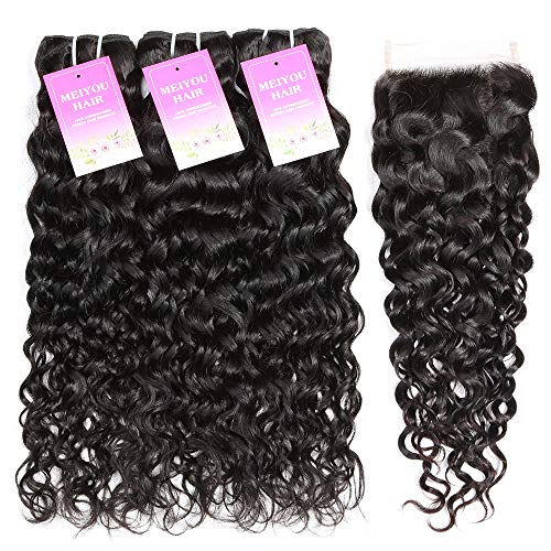 Mei You Brazilian Water Wave Bundles With Closure Virgin Curly Weave Human Hair 3 Bundles With 4x4 Lace Closure Free Part 1B Natural Black Color (20 18 16 with 14)
