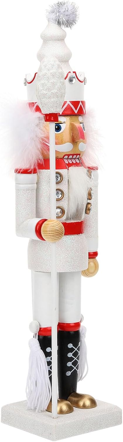 Wooden Christmas Nutcracker Figure with White Glitter, Traditional Xmas Nutcrackers Decoration for Holiday Tabletop and Party Display