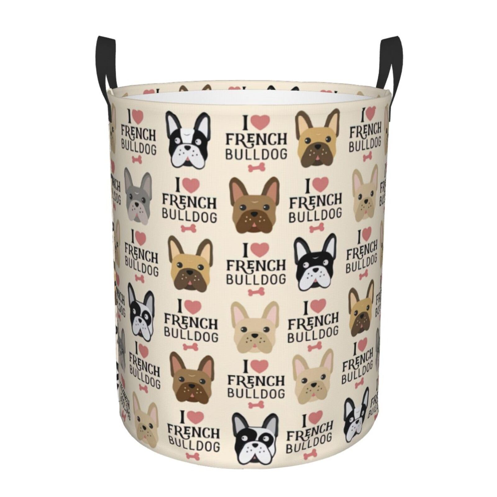 M Collapsible Round French dog Print Laundry Hamper