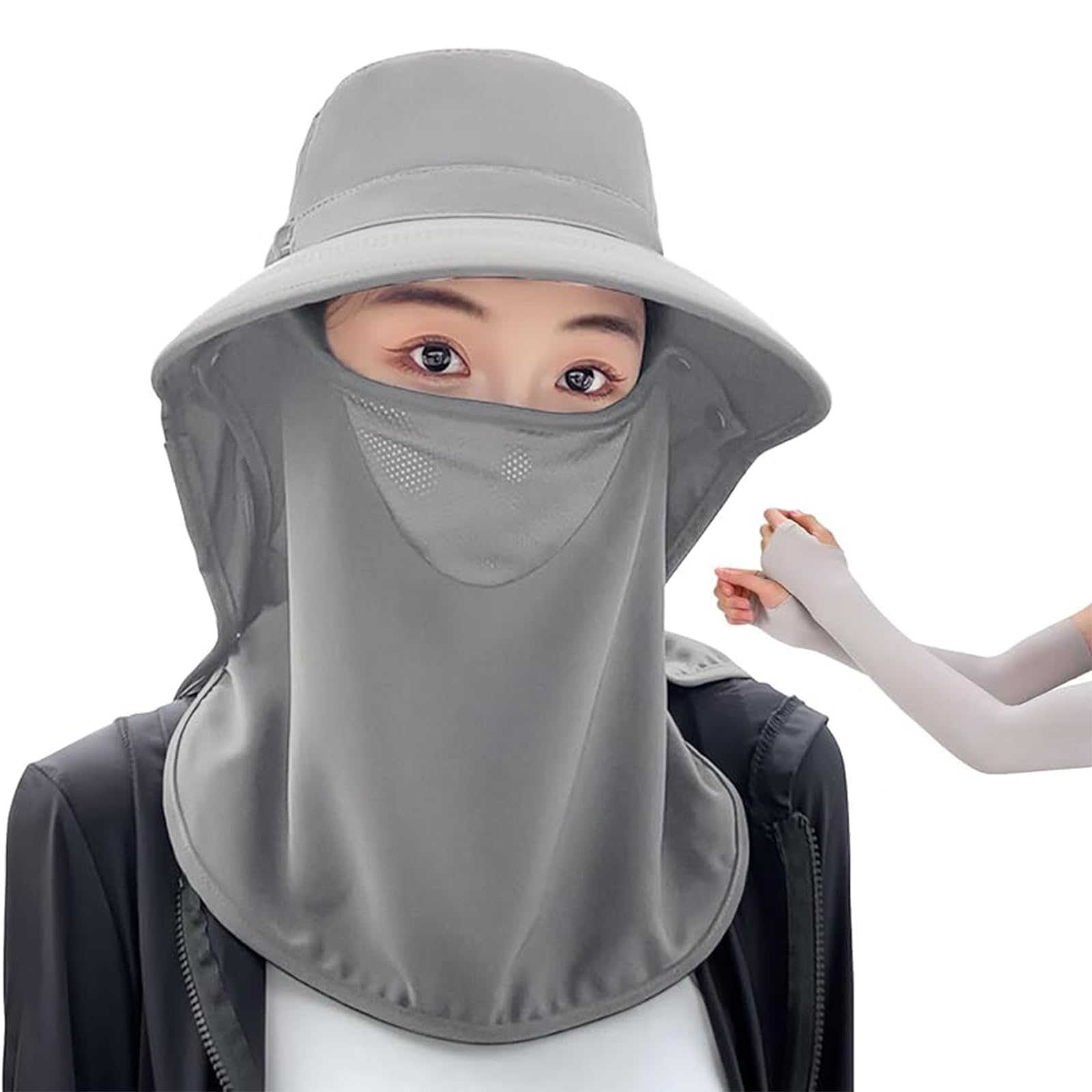 [Fizulon] UVカット 帽子 レディース フェイスカバー 付き 360° 日よけ 帽子 広いつば 取り外し 可能 マスク 部分 メッシュ 素材 通気性 超軽量 110g 折りたたみ 式 収納 便利 あご紐 サイズ 調節 可能 3WAY 着用 可能 髪型 崩れ にくい 自転車 用 ガーデニング 用 アウトドア 用 熱中症 対策 夏 用 便利 グッズ アームカバー セット（グレー）