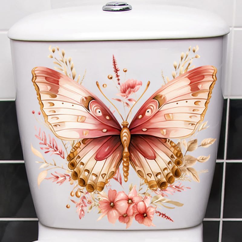 Colorful Butterfly Flower Toilet Cover Sticker Decals,Fish Bird Flower Leaf Waterproof Toilet Lid Tank Seat Decals Cistern Self-Adhesive Bathroom Wall Sticker