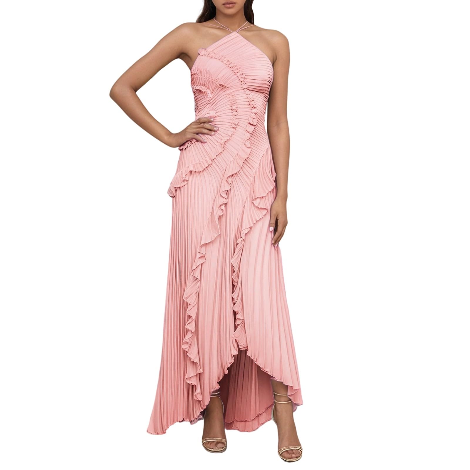 Generisch Abito da donna senza maniche con fettuccia sul collo, in tinta unita, elegante, maxi abito con volant, design avvolgente, spacco laterale, abito da sera estivo, abito da cocktail