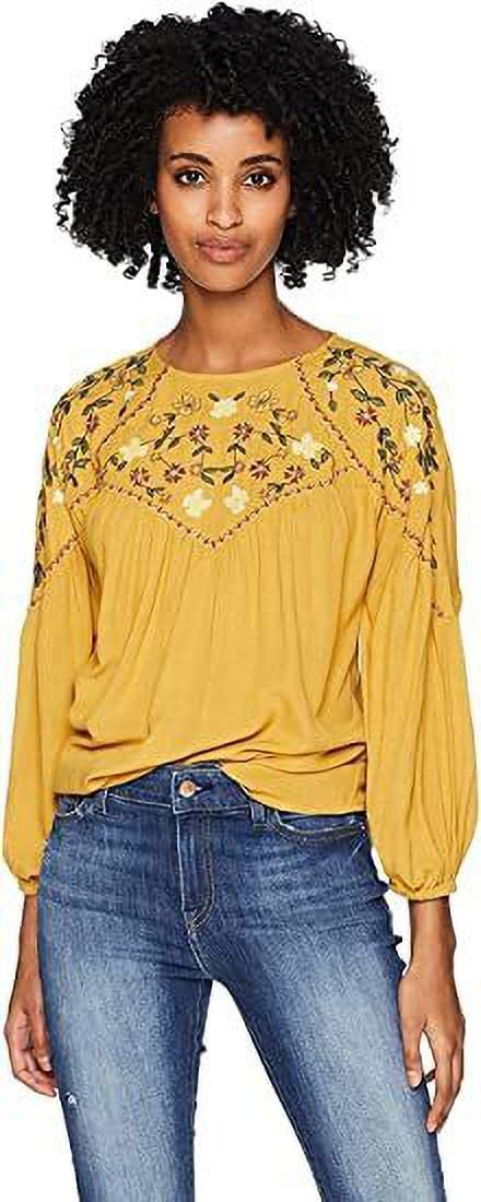 Glam & ChiqueTop for Womens 100% Viscose Relaxed Fit Round Neck Yoke Embroidered Serene Bohemian Style Elastic Cuff Soft Puff Sleeve Comfortable Casual Blouse Top