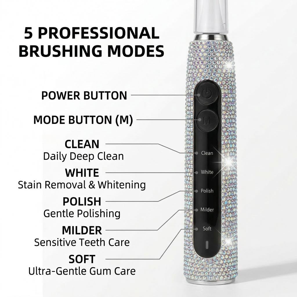 Diamond Sonic - Cepillo de dientes eléctrico brillante recargable para adultos con 6 cabezales de cepillo, cepillo de dientes vibratorio, 5 modos, carga rápida USB-C, temporizador inteligente