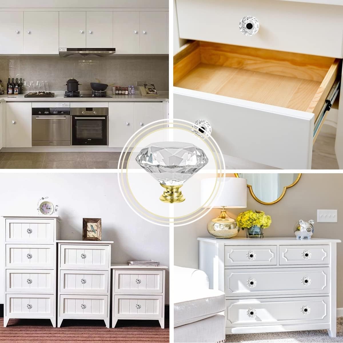 Crystal Cabinet Knobs 4Pack Clear Glass Diamond Shape Drawer Knobs 50mm Diamond Dresser Pulls Door Knobs Cabinet Pulls Cupboard Wardrobe Handles for Kitchen Office Cupboard Drawers (Gold, 4 PCS)