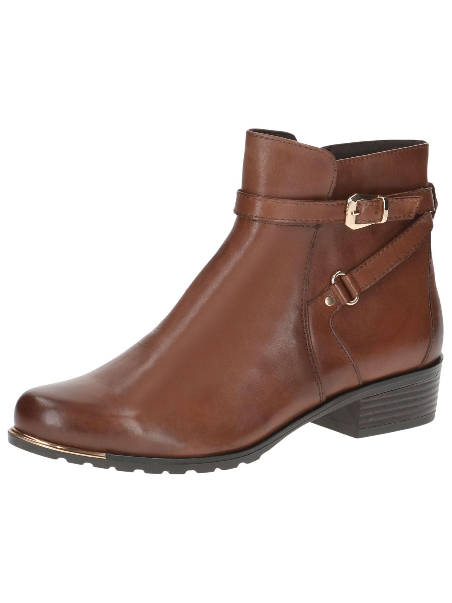 CAPRICE women's leather ankle boots with heel and buckle, Brown (Cognac Nappa), 3.5 UK