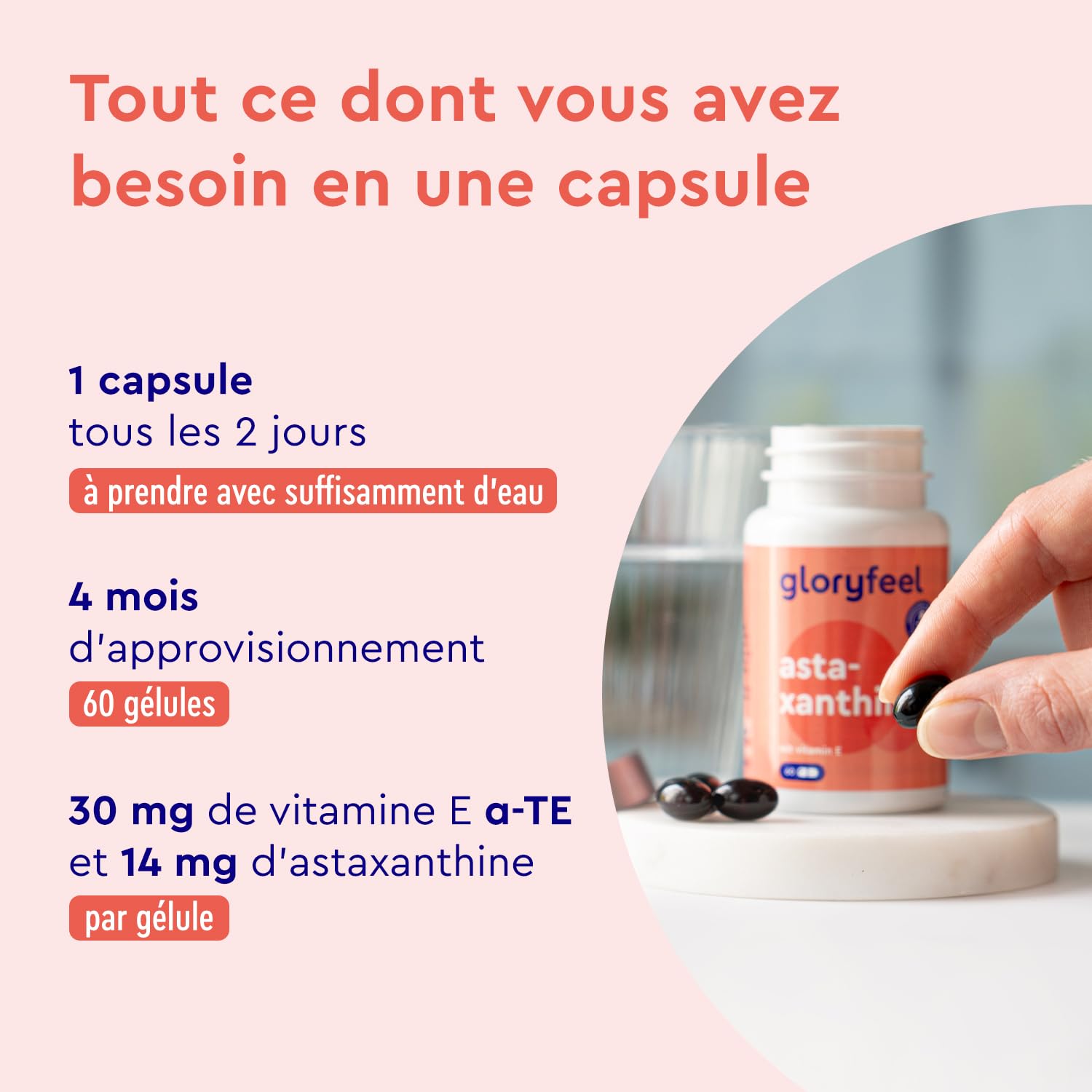Astaxanthine 190 mg d'Extrait de Haematococcus Pluvialis, Antioxydant Puissant, Formule Premium, 100% Naturelle, Enrichi en Vitamine E, 60 Capsules, Protège les Cellules Contre le Stress Oxydatif