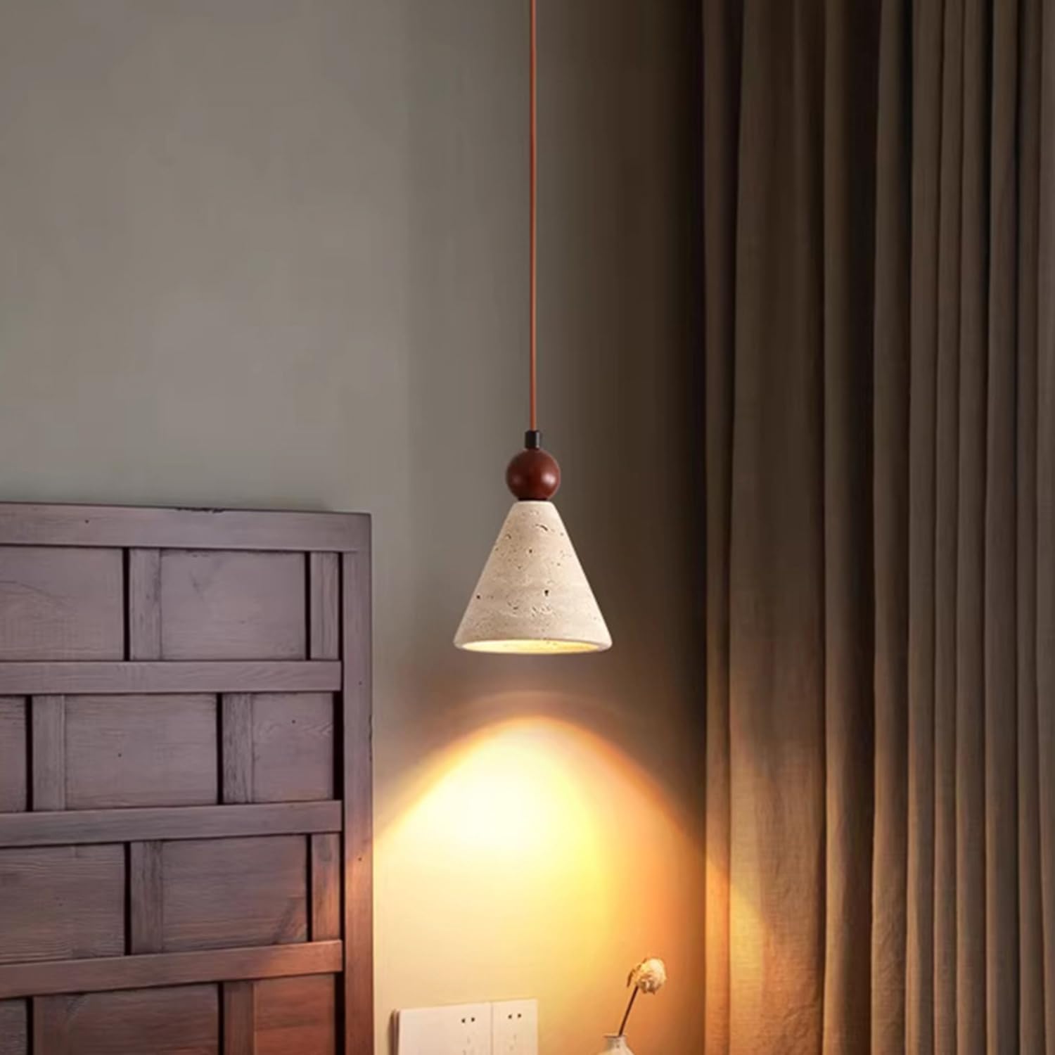 Luci a sospensione triangolari in travertino giallo Lampada a da 5, pollici Cavo regolabile in stile base in pietra porosa in legno sferico for camera letto Ristorante Fast Food