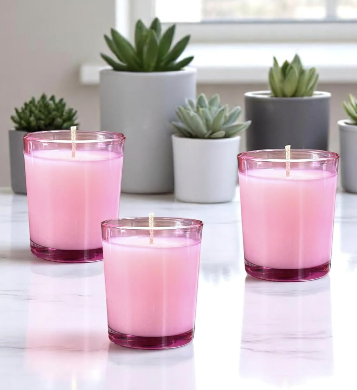 Mister Candle - Pink Color Filled Glass Votive Candles Jar, Perfect Home Decoration, Wedding Favors Hand Poured in USA (Set of 12) (Unscented)