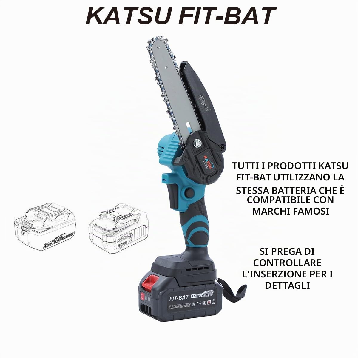 KATSU FIT-BAT 21V Motosega a Batteria Telescopica Esteso Fino a 253 cm Kit 3 in 1 con 3,0 Ah Batteria, Brushless Motosega e Forbice Potatura, per Potatura di Rami di Alberi