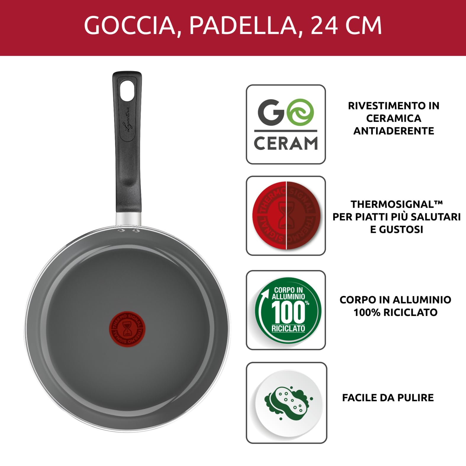 Lagostina GocciaPadella 24 cm, Rivestimento in Ceramica Antiaderente, Scorrevolezza Ottimale, Pulizia Facile, Ecologica, Thermo-Signal, Sicura, Compatibile con Induzione