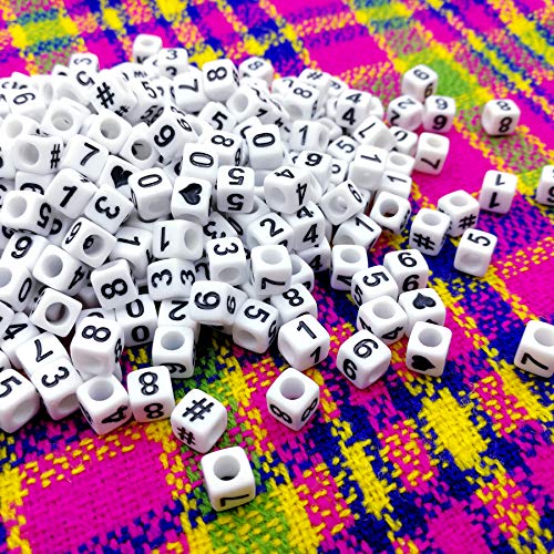 Image of Amaney 480pcs Square Number 0-9 Symbol # and Heart Beads 6x6mm White Acrylic Beads