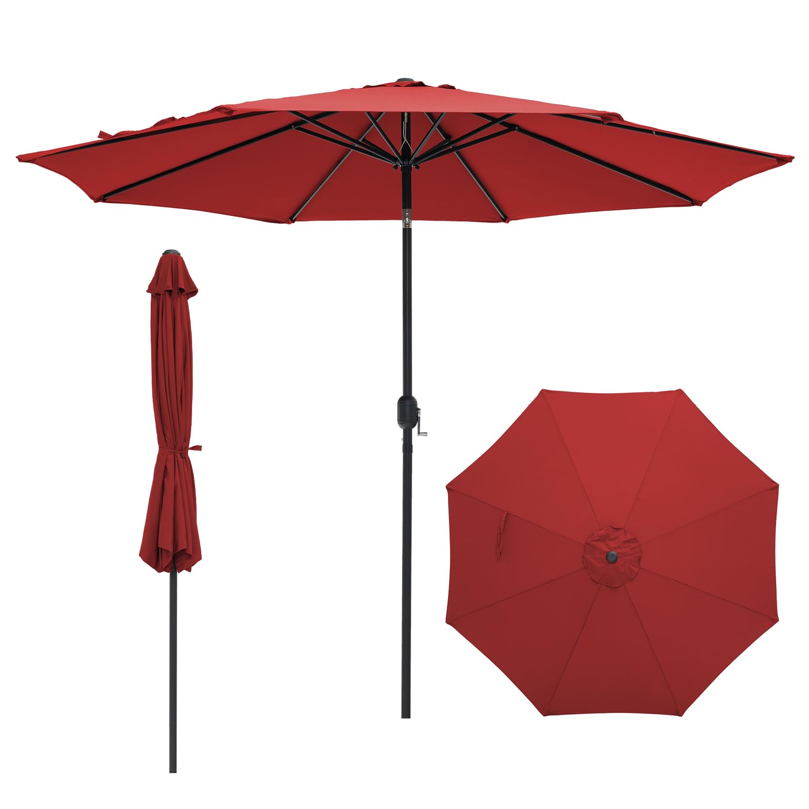 COSTWAY Sonnenschirm 300 cm, Gartenschirm mit Kurbel, beidseitig um 25° knickbar, Terrassenschirm mit 8 Rippen, Marktschirm für Garten, Terrasse, Balkon (Rot)
