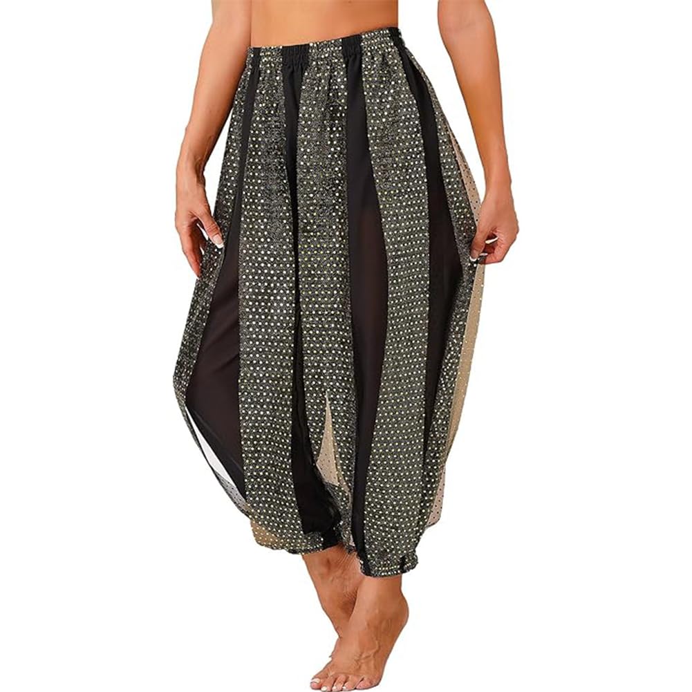 Leemiman Women's Black Belly Dance Costume Pants Sequin Shinny Harem Yoga Pants Arabic Halloween Trousers (Black)
