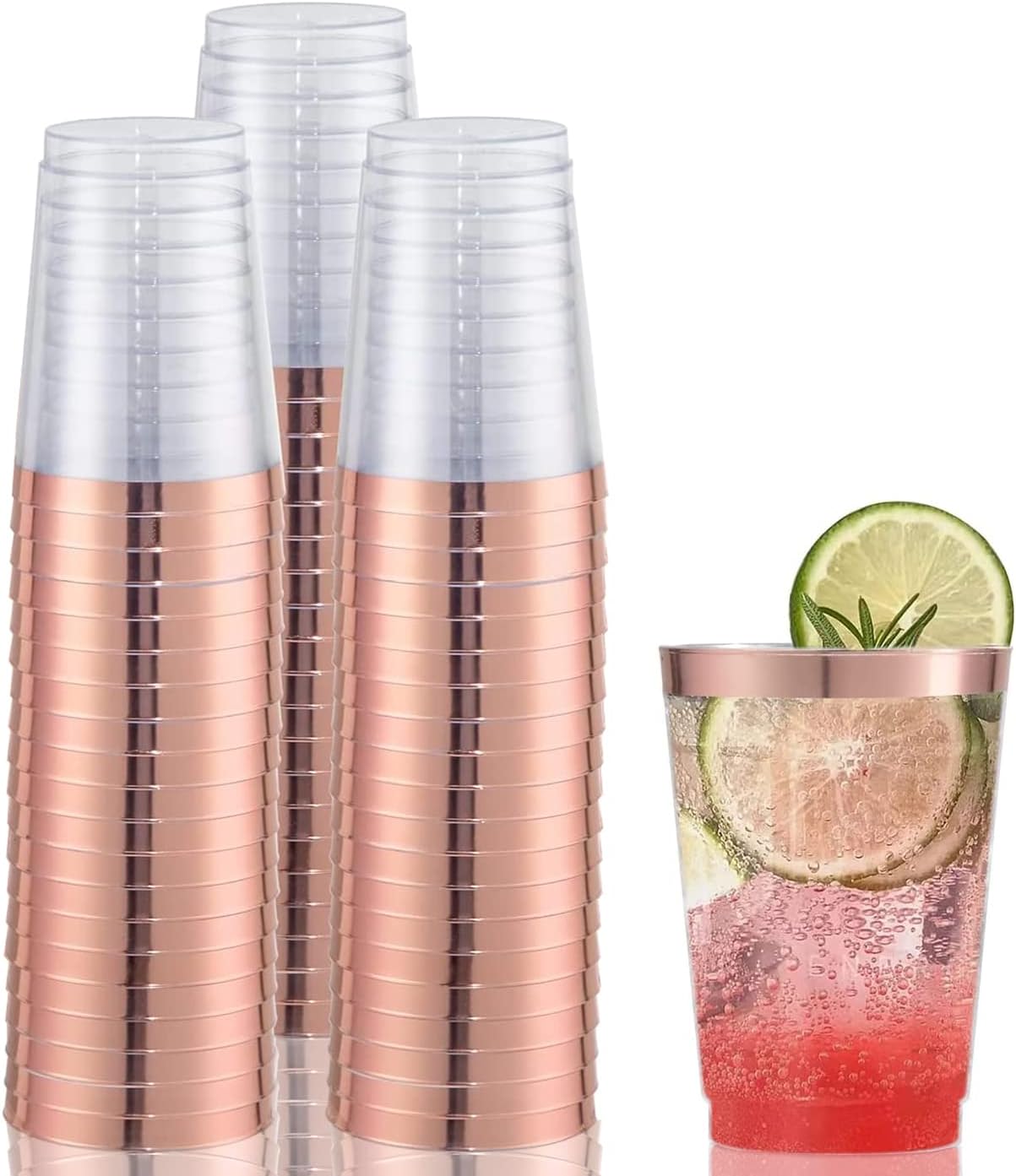 KASTWAVE Rose Gold Rimmed Plastic Cup, 10oz Clear Plastic Cups Tumblers, Fancy Disposable Hard Plastic Cups with Gold Rim for Wedding Cups Elegant Party Cup - 20Pack