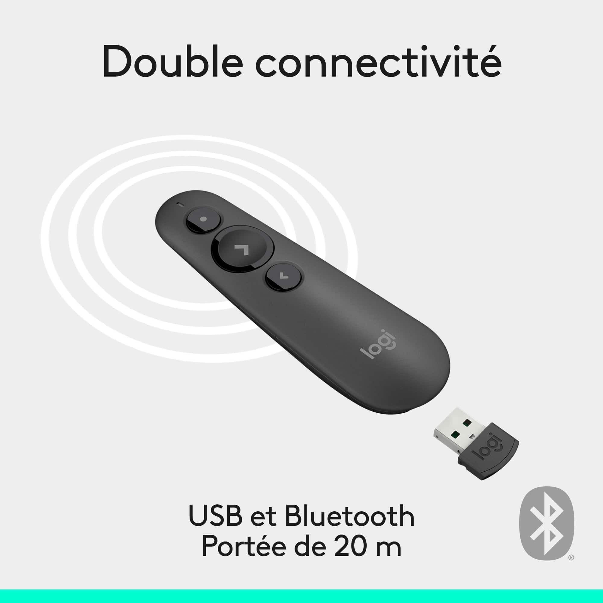 Logitech R500s Télécommande de présentation Bluetooth USB Laser 20 m Gris foncé Noir