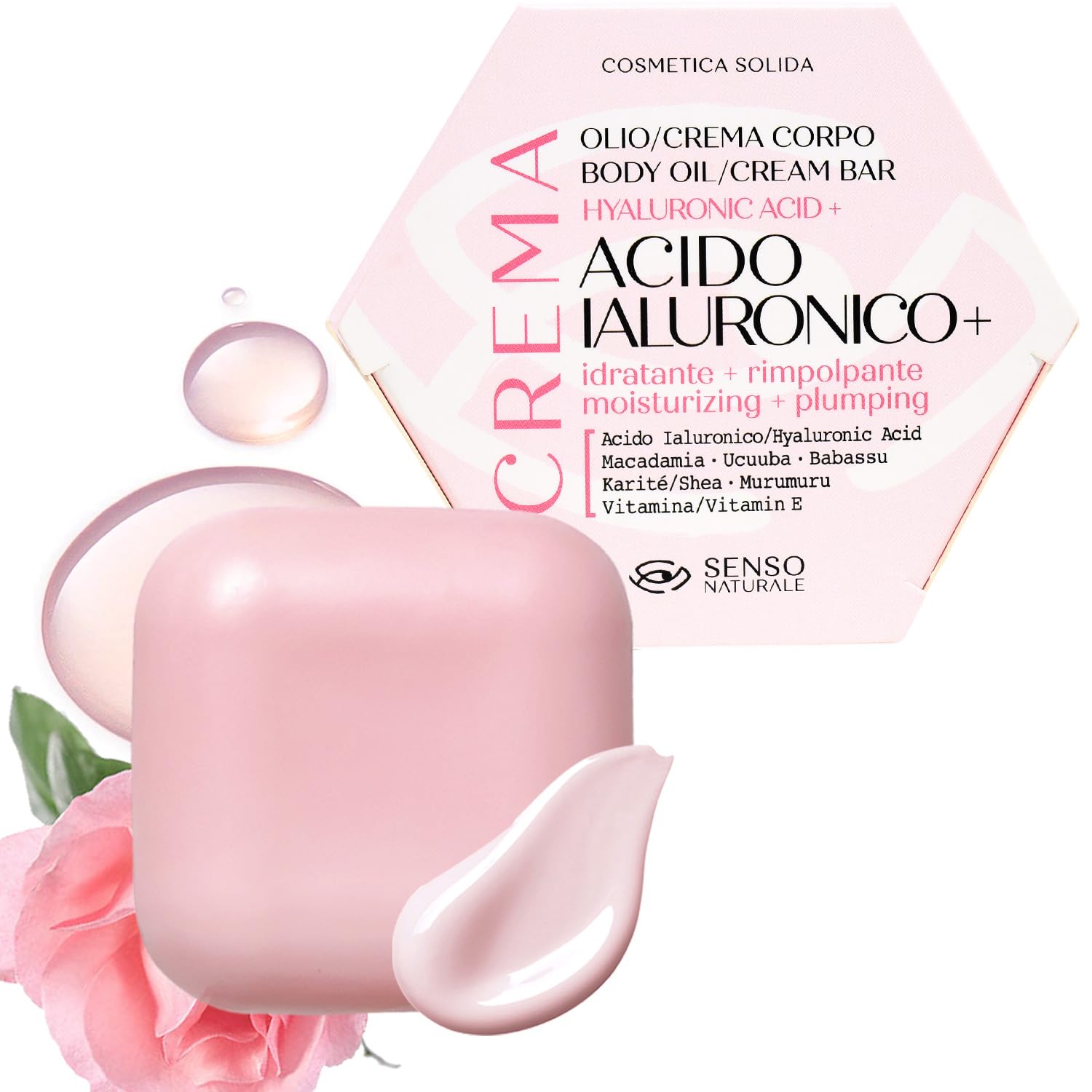 Senso Naturale Aceite Corporal Sólido Hidratante con Ácido Hialurónico Crema Perfumada Voluminizadora, Mejora la Elasticidad y Estimula el Colágeno de la Piel con Vitamina E, 100% Natural y Vegano