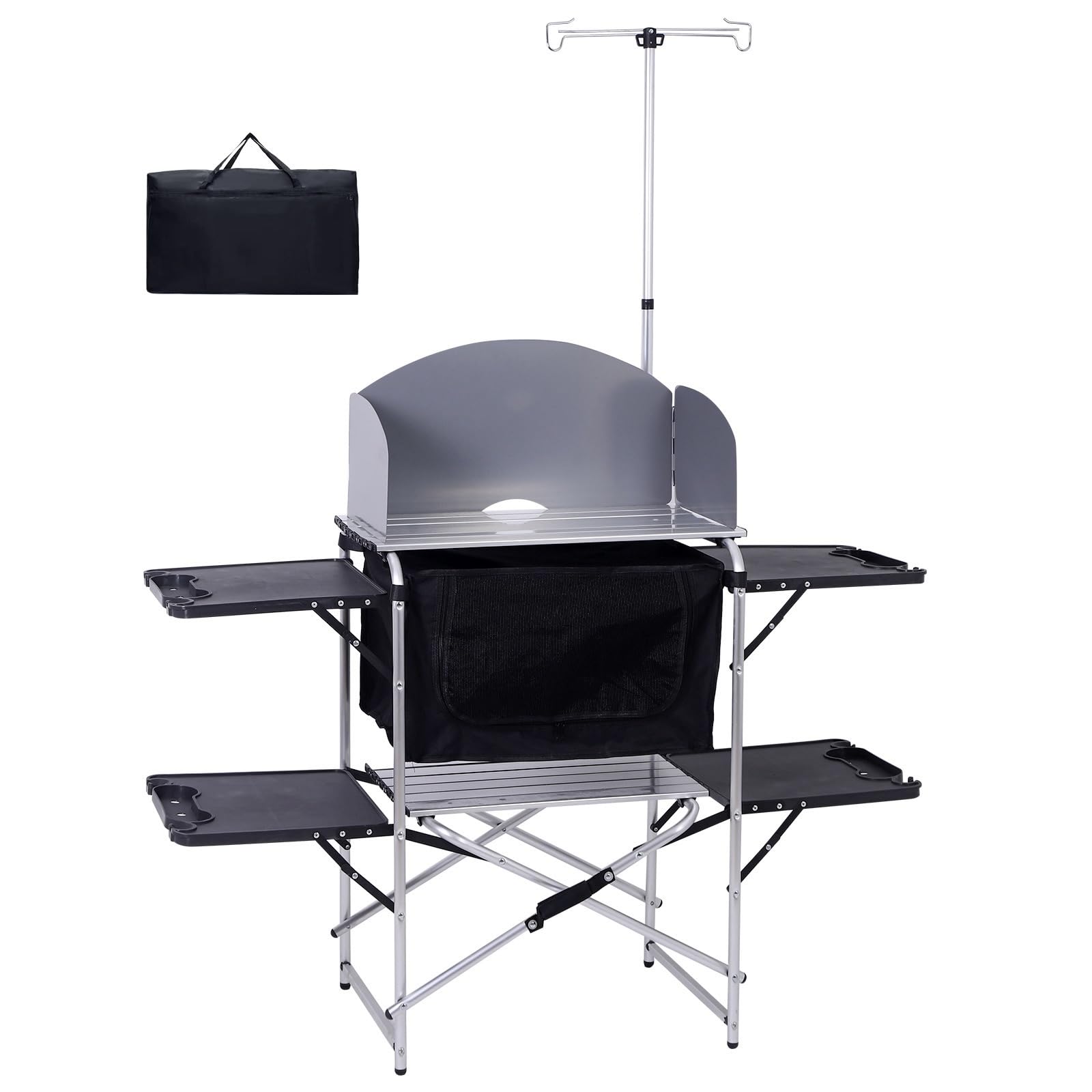 CDEN Kitchen Camping Table, Camping Kitchen Station, Camping Table, Portable Grill Table, Picnic Table with Cabinet Storage, 4 Side Table, Windshield, Light Stand, Outdoor (Black)
