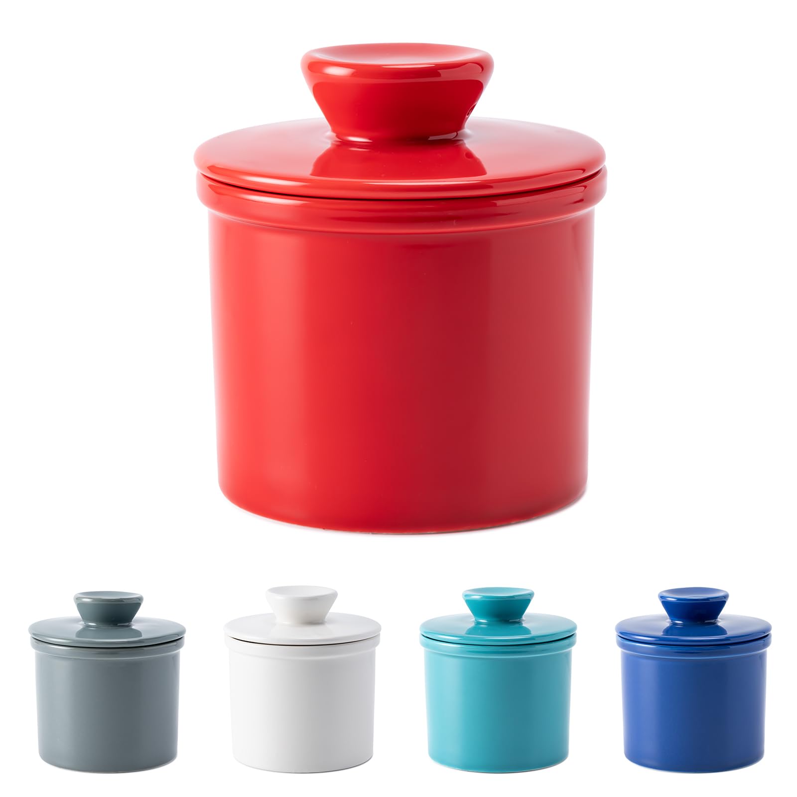 Butter Crock with Water Line for Countertop, French Butter Dish with Lid, Ceramic Butter Keeper for Fresh Spreadable Butter, Butter Container Holder for Kitchen and Home Decor, Red