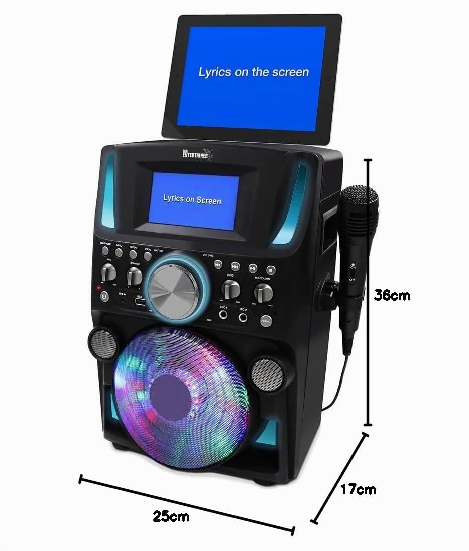Mr Entertainer Groovebox Machine de karaoké Bluetooth CDG Écran intégré et lumières disco Comprend des chansons et des microphones (microphones filaires + 200 chansons)
