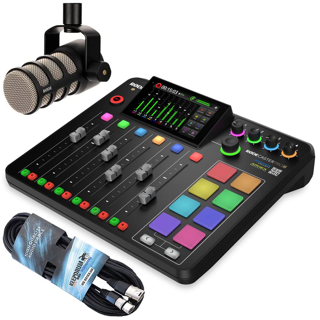 Rode Rodecaster Pro II Podcast Station de mixage + microphone Rode Podmic Noir + câble Keepdrum XLR