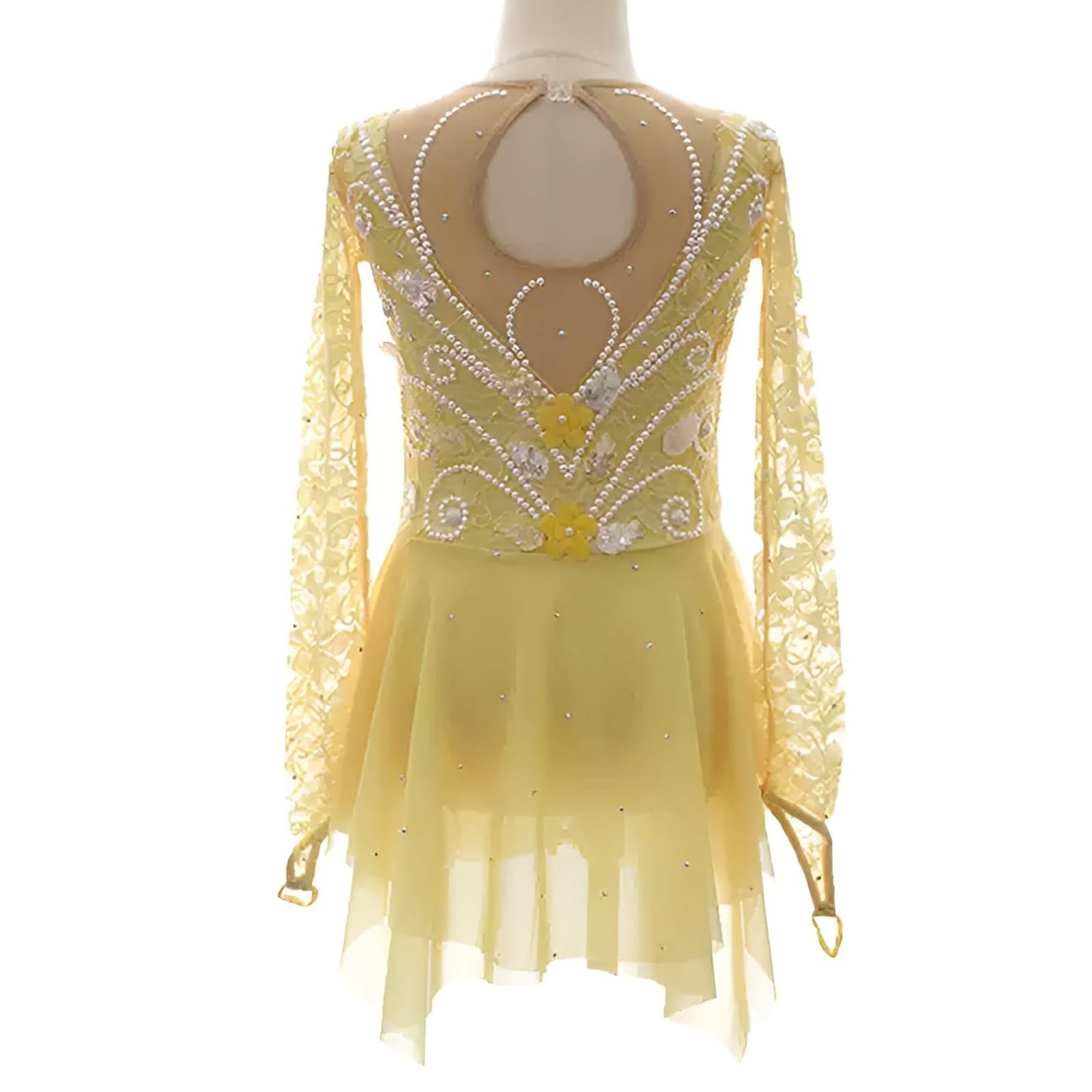Girl's Long Sleeves Figure Skating Dress, Women's High Elasticity Performance Ice Skating Overall for Kids(Small) Yellow