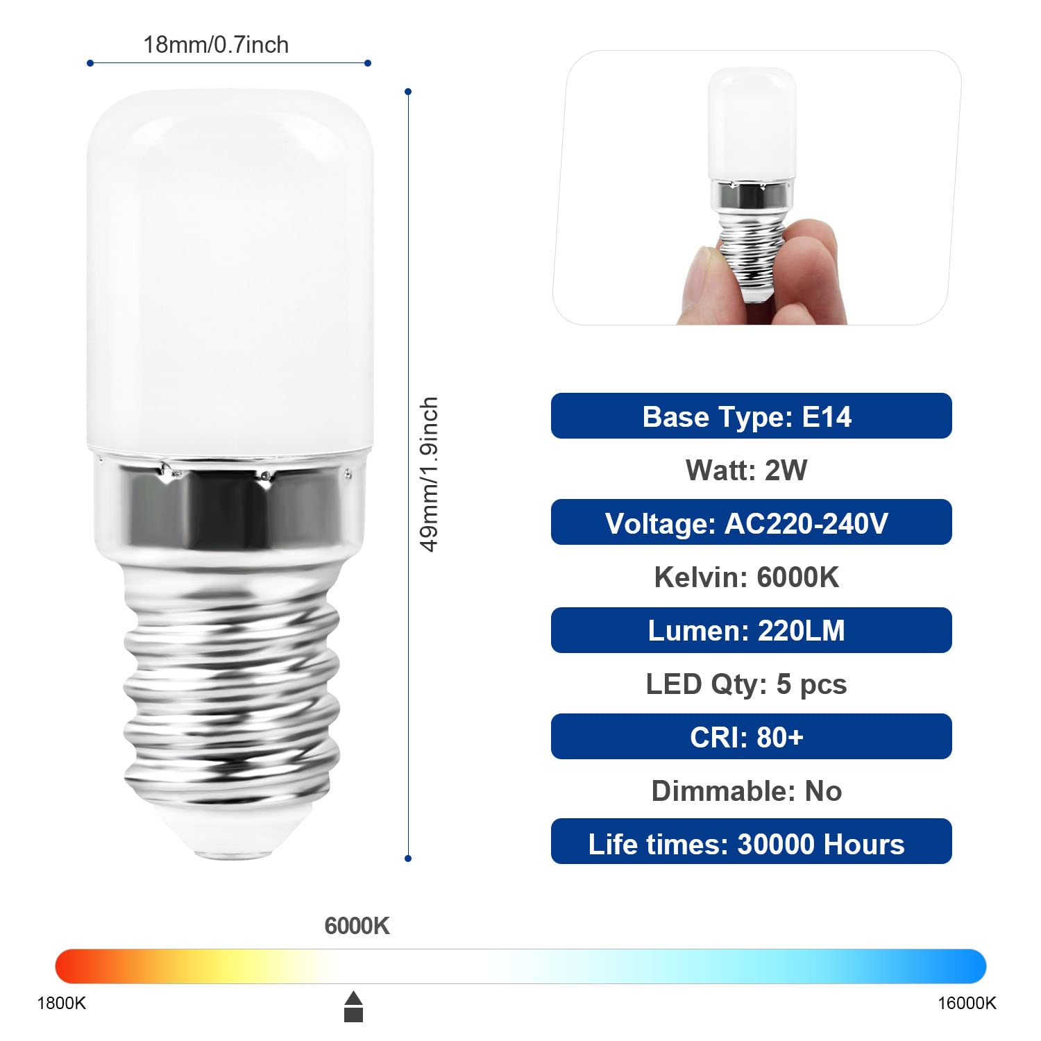 OLEVOLT E14 Lampadina Frigorifero LED 2W Sostituzione a 20W, E14 Lampadina LED 6000K Bianco Fredda per Lampada di Sale Frigoriferi Non Dimmerabile AC220V-240V 2 Pezzi